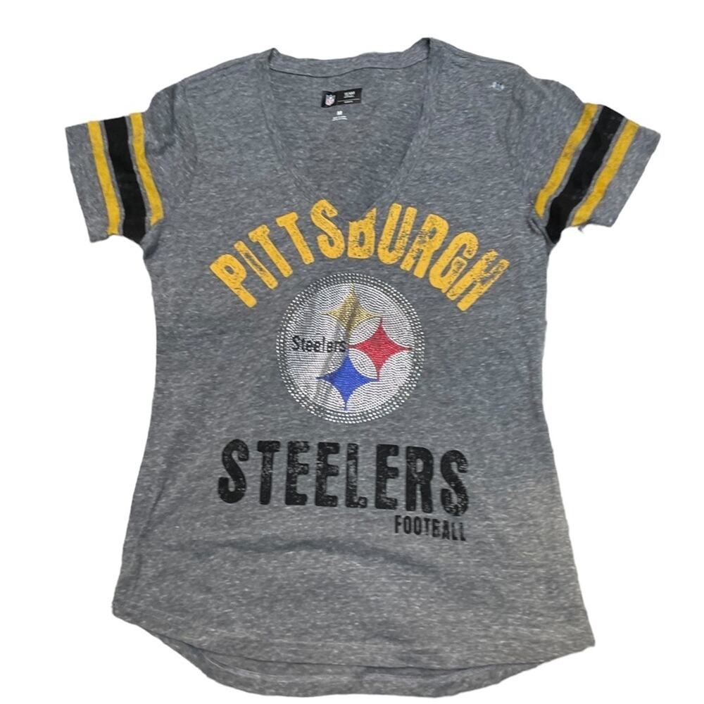 NWT Pittsburgh Steelers NFL Shirt Womens M Gray V Neck Short Sleeve Top Stretch
